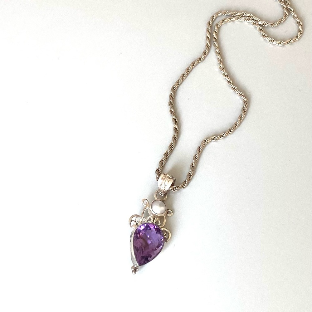 Sterling Silver Amethyst gemstone with Pearl accent pendant. 1 1/2 inch drop.